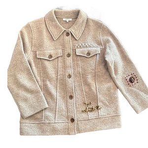 Madewell jacket with handmade yarn details.